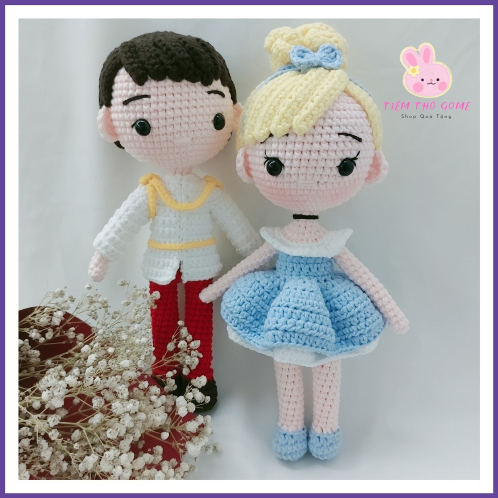 Búp bê len handmade - cặp cúp bê hoàng tử và cô bé lọ lem 26 cm - an toàn cho bé