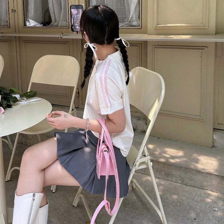 Áo thun baby tee chữ K killsystem sọc hồng, áo phông baby tee kẻ sọc màu kem chất cotton 100% mẫu mới 2023