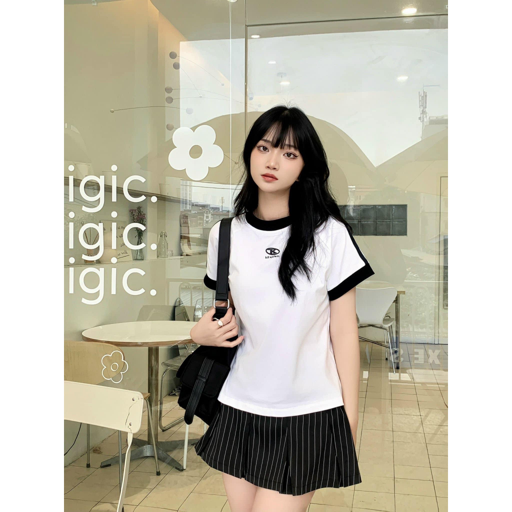 Áo thun baby tee chữ K killsystem sọc hồng, áo phông baby tee kẻ sọc màu kem chất cotton 100% mẫu mới 2023