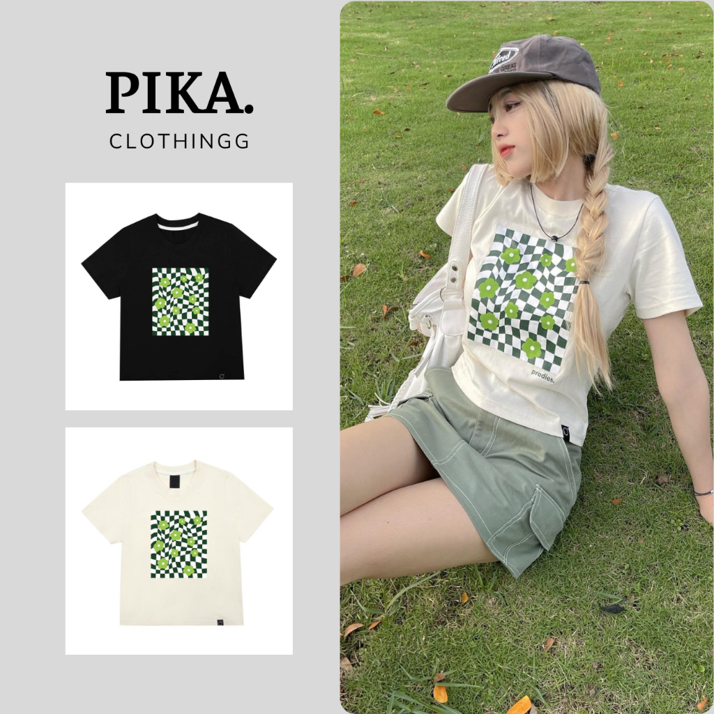 Áo thun baby tee in hình caro hoa may mắn, áo phông dáng lửng form boxy chất cotton mẫu mới 2023