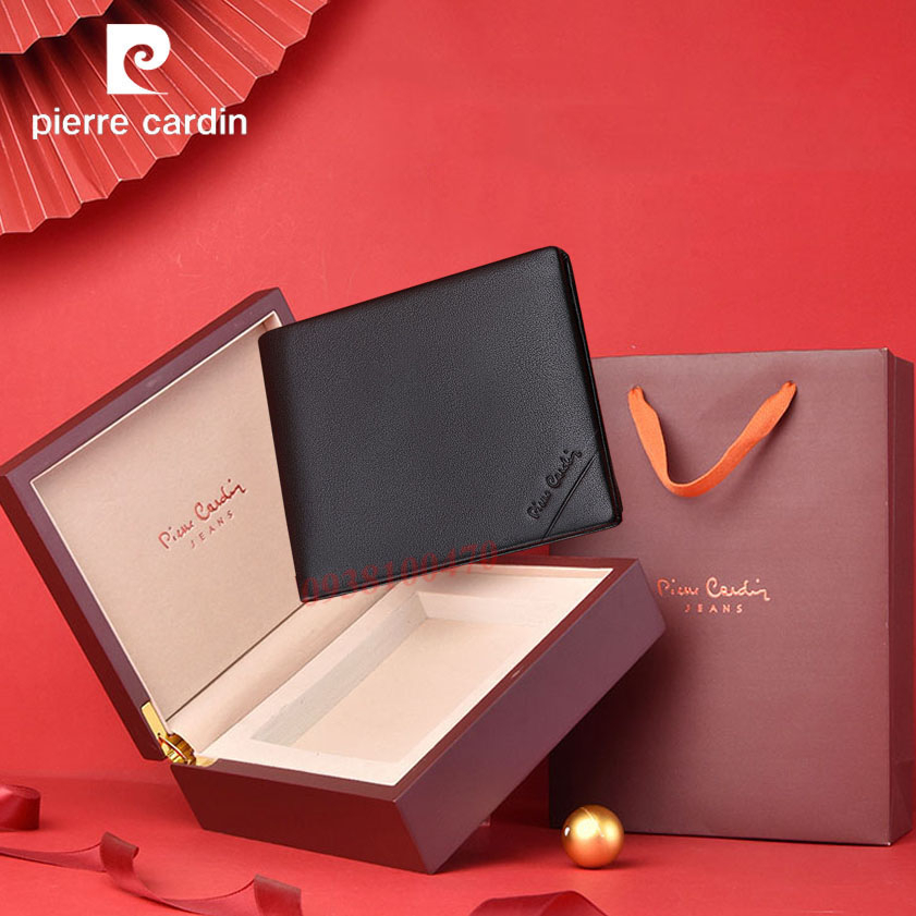 Bóp Pierre Cardin nam chính hãng da bò thật màu đen logo dập chìm kiểu ví ngang