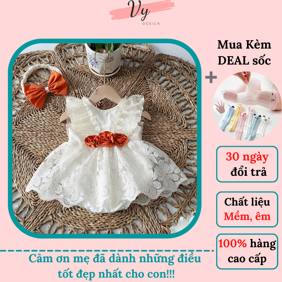 Váy Bé Gái Sơ Sinh VY DESIGN, Váy Body Cho Bé Chất Mát, Kèm Băng Đô, Đầm Đầy Tháng, Đầm Sơ Sinh, Váy Body Cho Bé