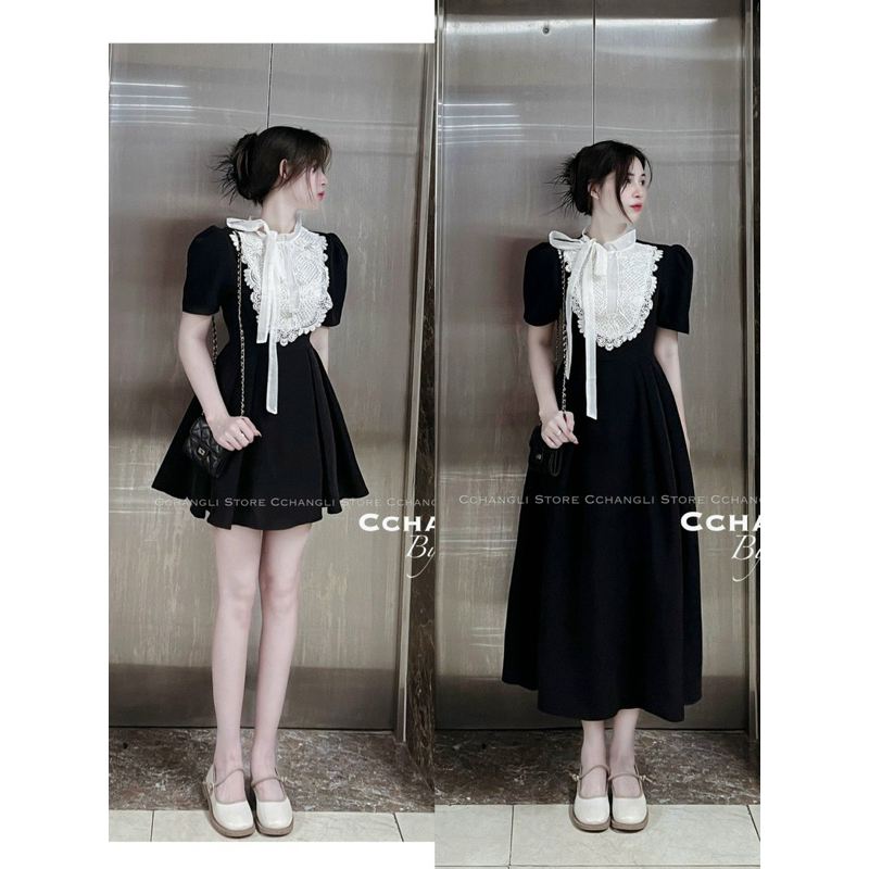Đầm cổ ren nơ xếp ly tiểu thư Chuẩn Chang Moon