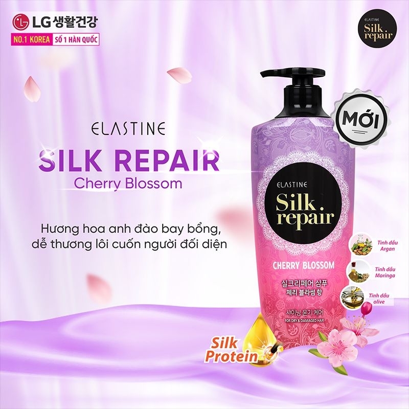 Kem xả Elastine Silk Repair Hương Hoa Anh Đào 550ml, dầu xả dưỡng tóc chính hãng chính hãng LG Double Rich doublerich
