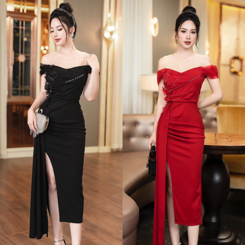 Đầm body thiết kế kết cườm và bông cao cấp-TK TẶNG KÈM HOA TAI THỜI TRANG