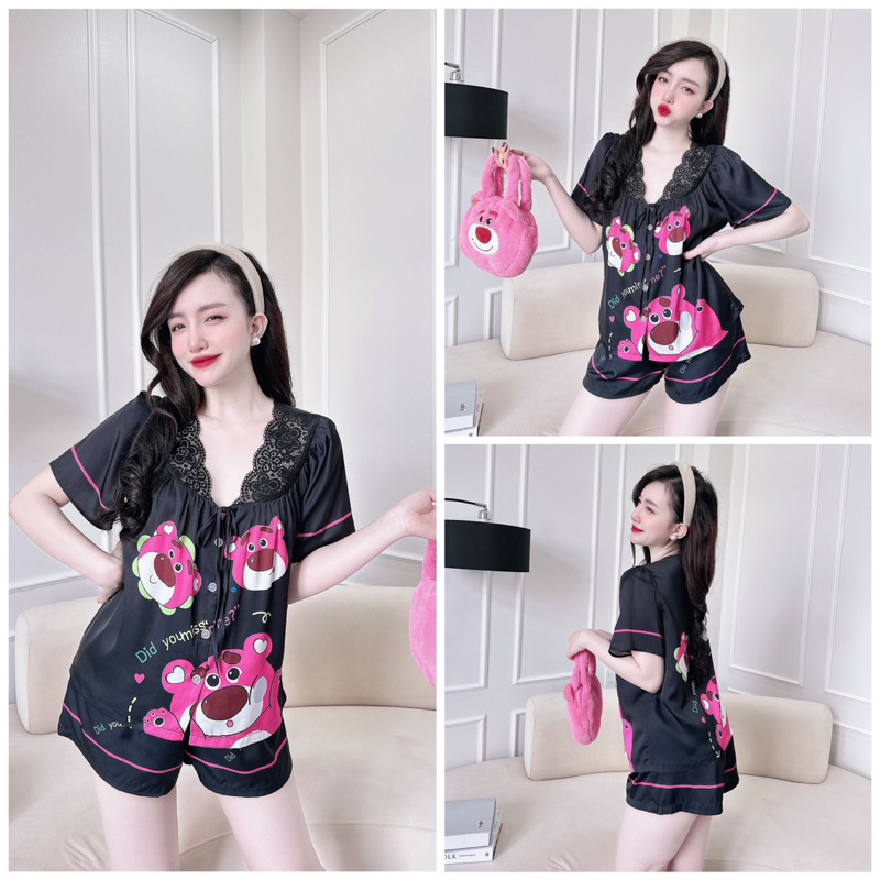 SP_94 Đồ bộ pijama BOLOBALA áo tay ngắn cổ phối ren cột nơ, quần đùi chất lụa latin mềm mát, mẫu mới cute