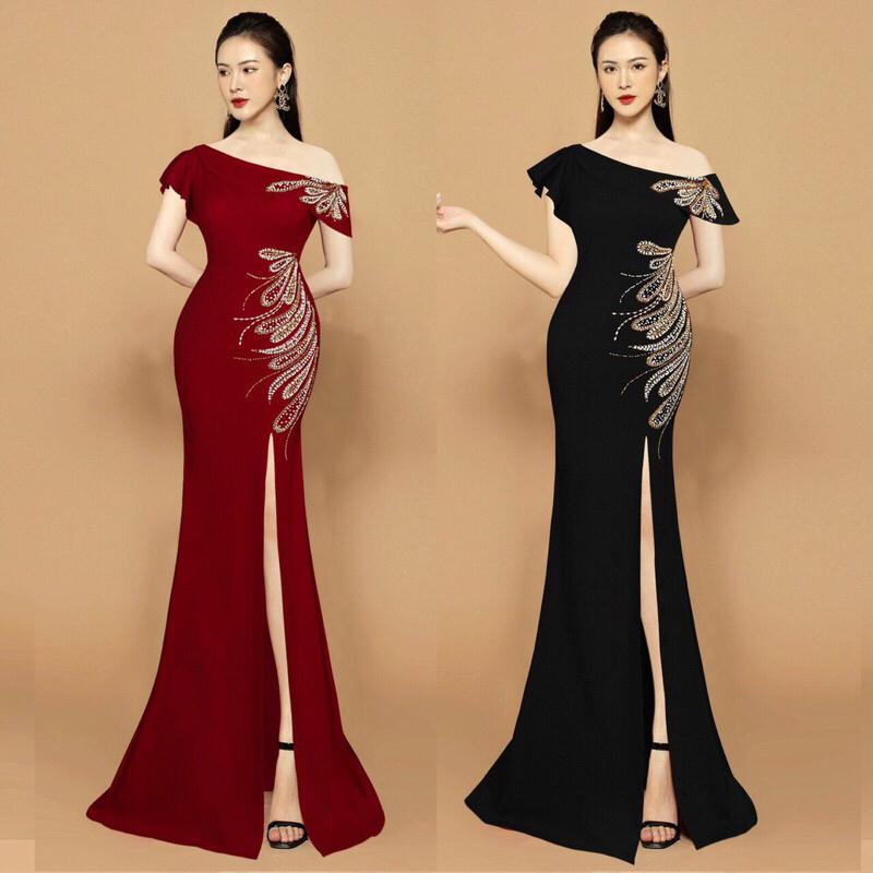 Đầm dạ hội tay lưới lệch vai kết cườm có mút ngực cao cấp có size 3XL-TK TẶNG KÈM HOA TAI THỜI TRANG