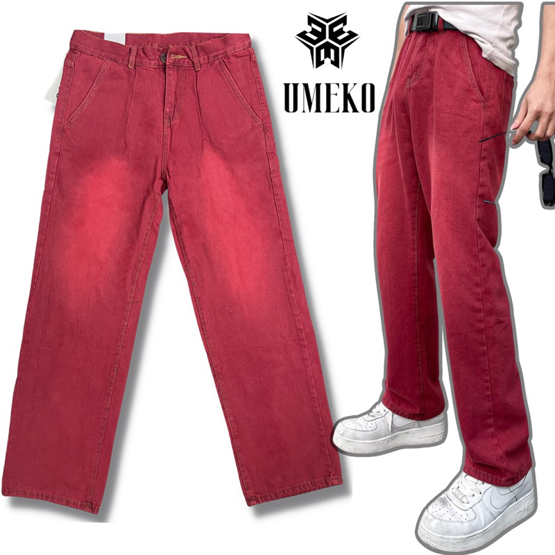 UMEKO Quần Jean Ống Rộng, Quần Dài Denim Unisex Form Suông Màu Đỏ Hồng Cá Tính Phong Cách Y2K Streetwear Cực Chất