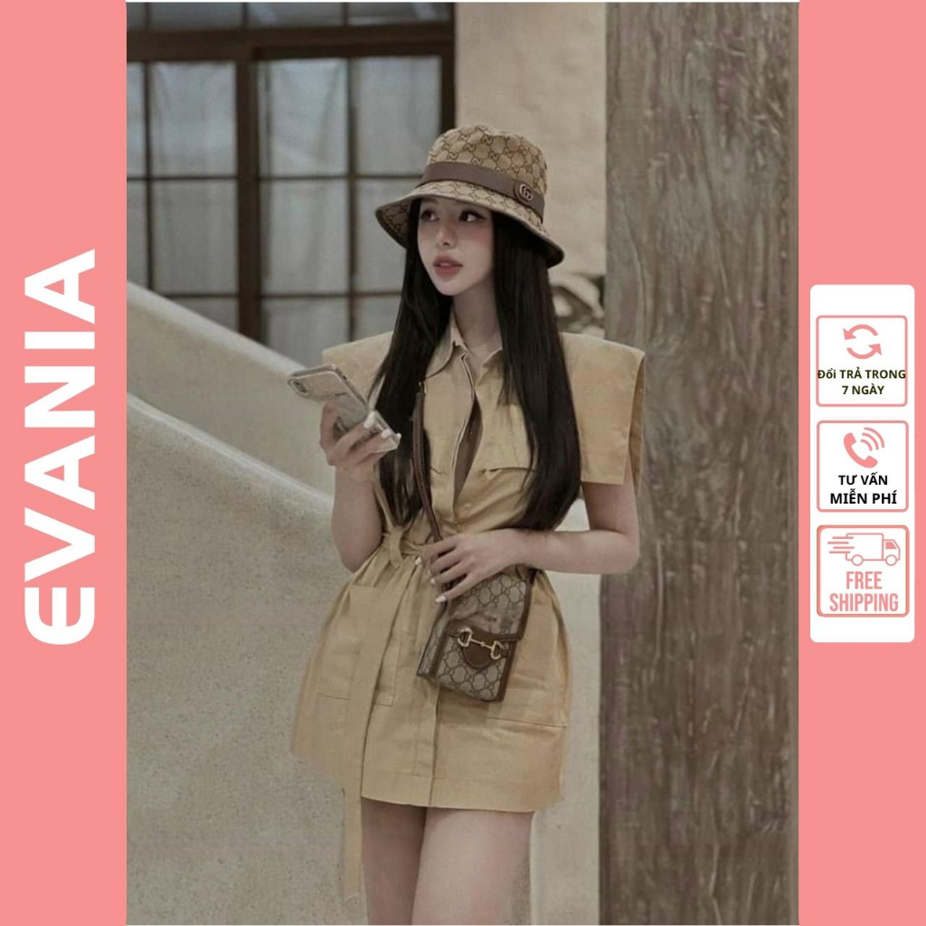 Set Váy Nữ EVANIA Set Váy Tiểu Thư Rút Dây Hai Màu Be, Nâu Phong Cách Hàn Quốc Chất Kaki Trơn - Mã B688