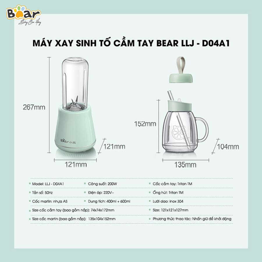 Máy xay sinh tố Bear, 2 cối xay, công suất lớn, dao 4 lưỡi thép không gỉ – Hàng chính hãng bảo hành 6-18 tháng