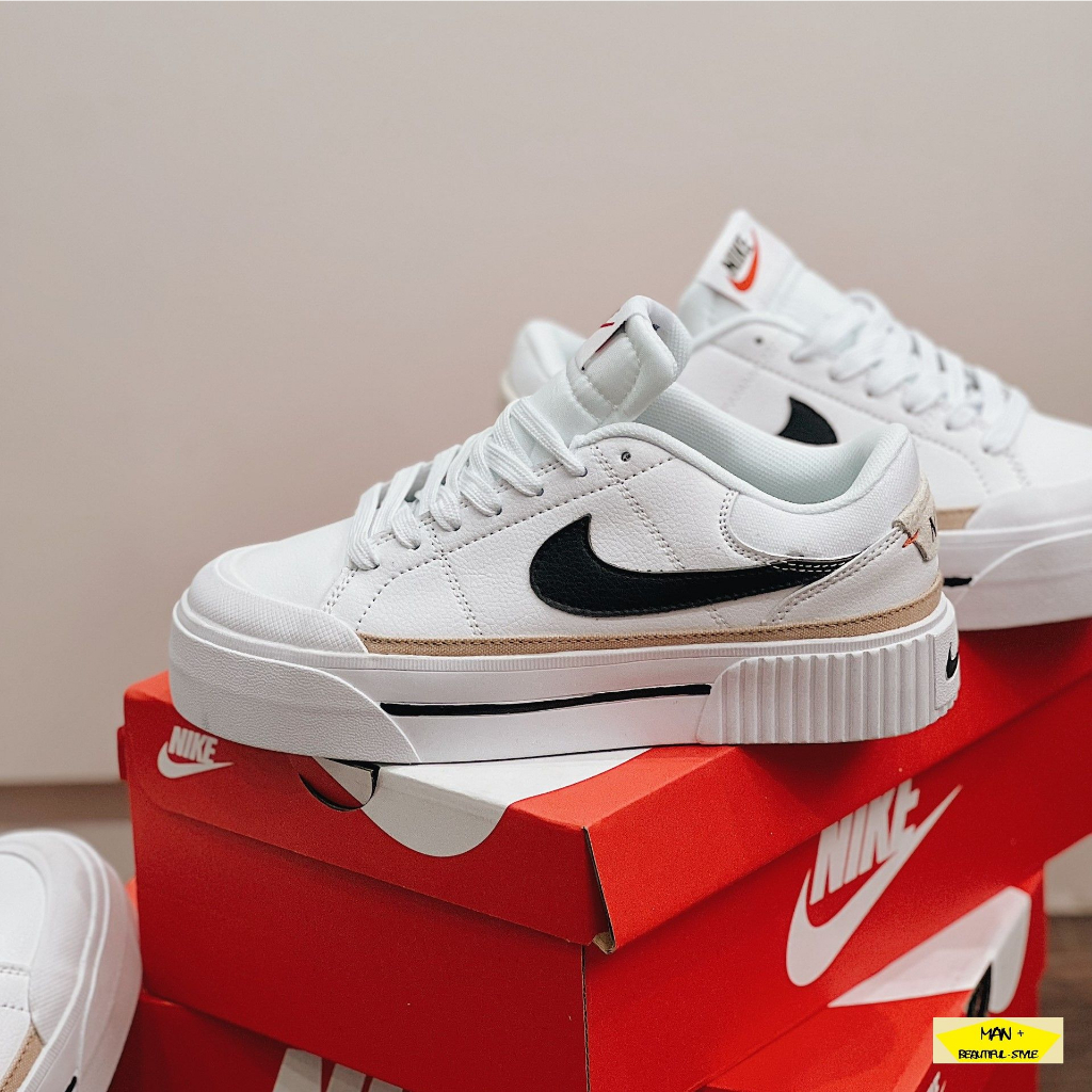 Giày thể thao nữ độn đế, sneaker trắng, giày trắng nữ Court Legacy vạch đen, giày đi học trắng full box, free ship