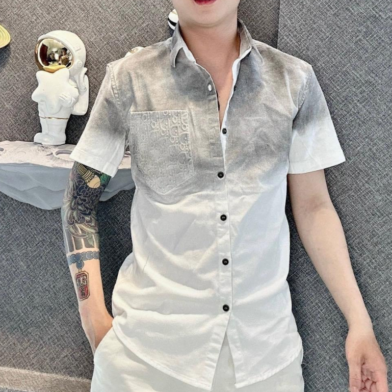 Áo sơ mi nam mẫu mới vải đũi phối túi đẹp chữ nổi phong cách