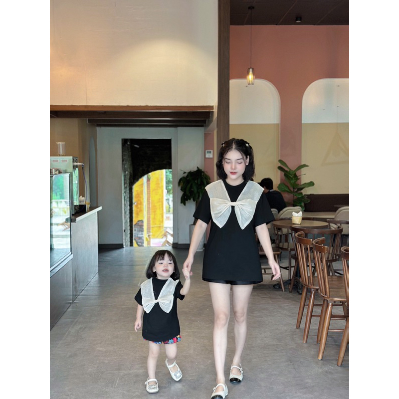 Áo đôi mẹ và bé MYC, Áo nơ Chất liệu cotton 4 chiều co giãn, thấm hút mồ hôi