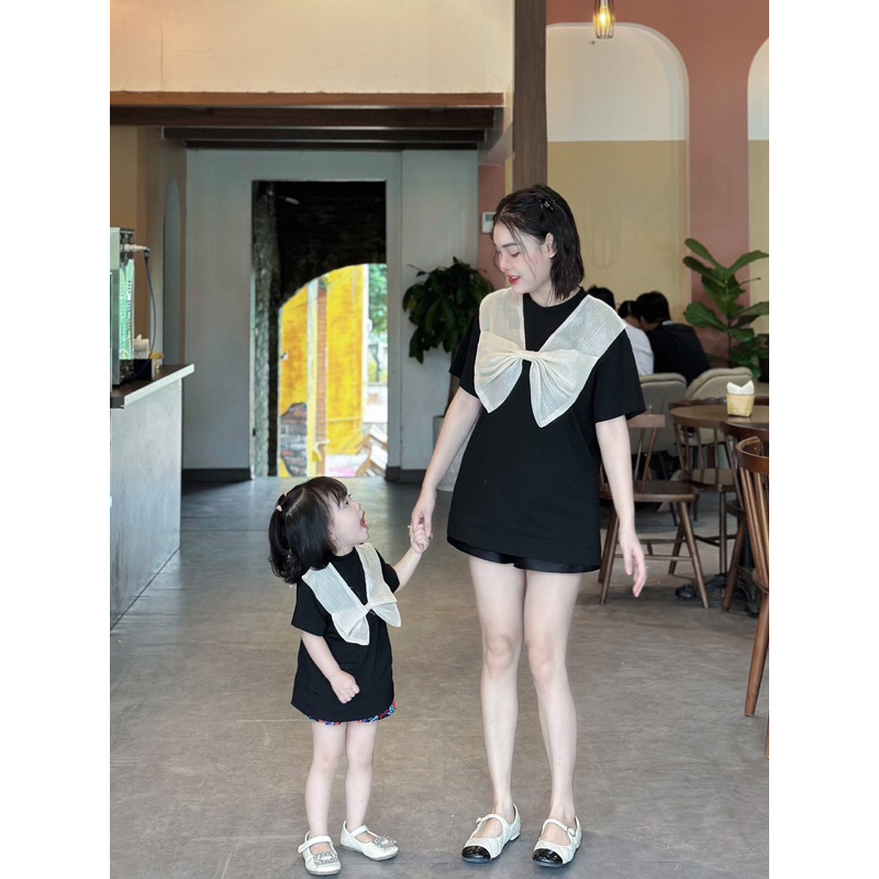 Áo đôi mẹ và bé MYC, Áo nơ Chất liệu cotton 4 chiều co giãn, thấm hút mồ hôi