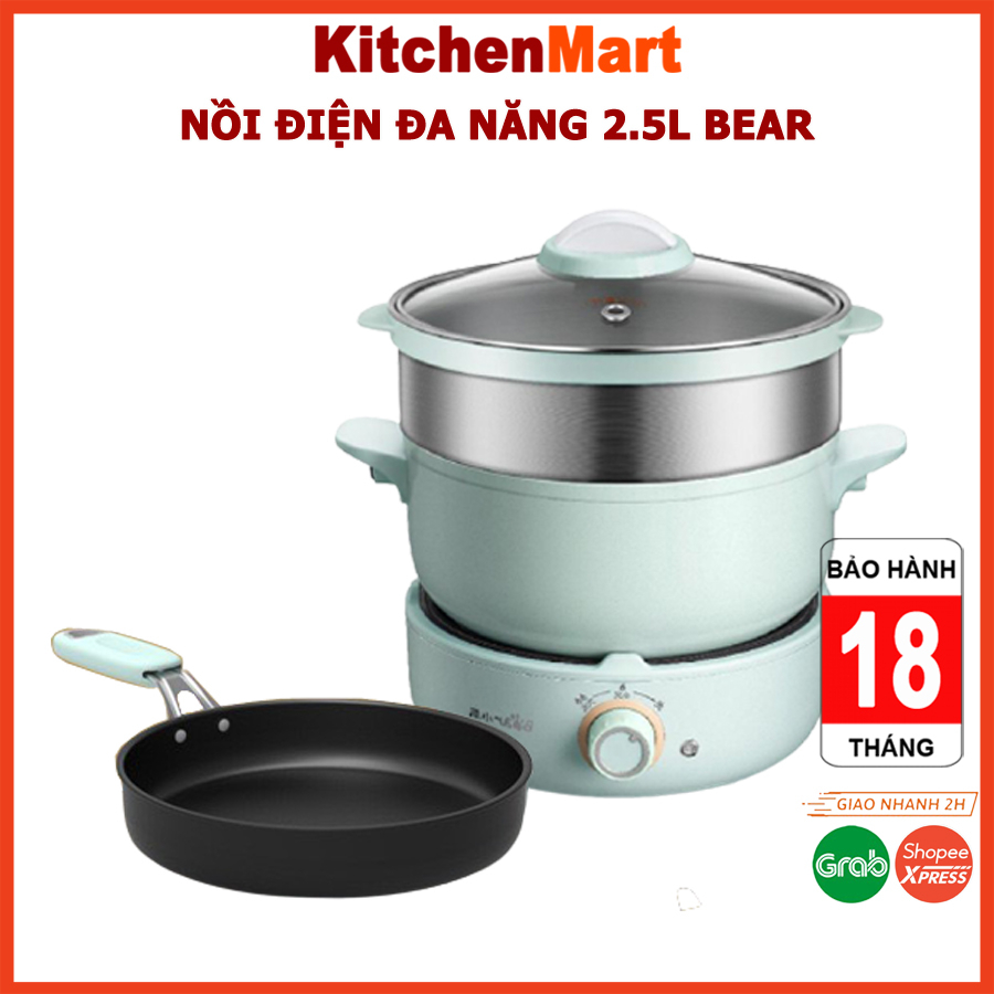 Nồi điện đa năng Bear 2.5L size 20cm (có chảo và xửng hấp Inox)cấp – KitchenMart hàng chính hãng bảo hành 6-18 tháng