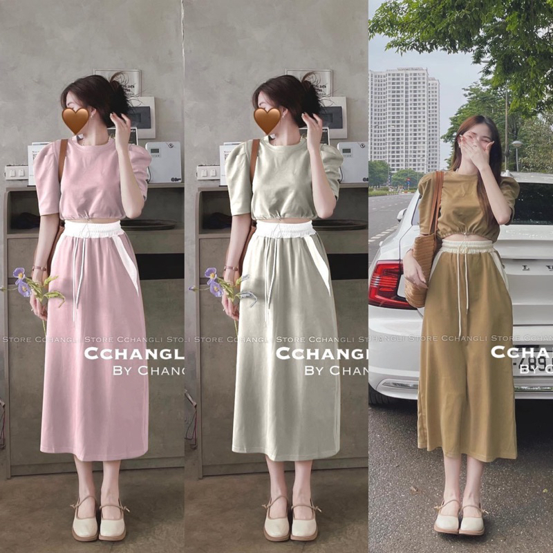 SET ÁO CROPTOP TAY BỒNG RÚT DÂY GẤU MIX CHÂN VÁY MIDI DÁNG DÀI PHỐI CẠP CHẤT KAKI CHÉO XỊN ĐẸP.