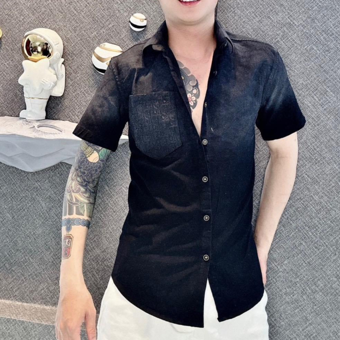 Áo sơ mi nam mẫu mới vải đũi phối túi đẹp chữ nổi phong cách