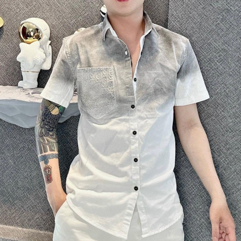Áo sơ mi nam mẫu mới vải đũi phối túi đẹp chữ nổi phong cách