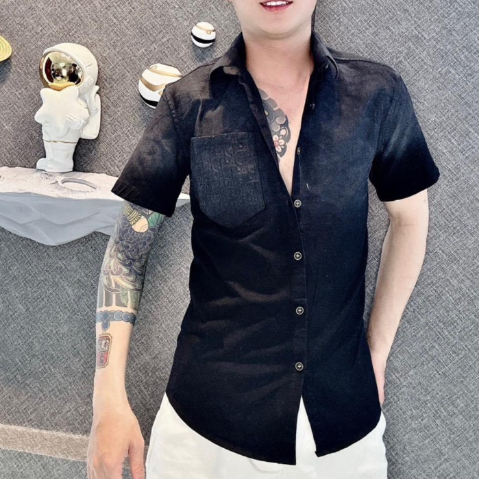 Áo sơ mi nam mẫu mới vải đũi phối túi đẹp chữ nổi phong cách