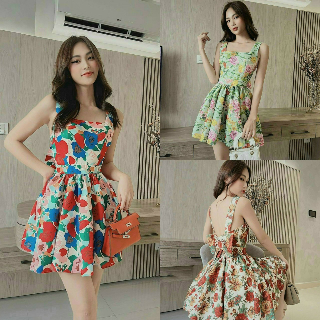 Đầm váy nữ hai đây dáng xòe xếp ly 3 màu kèm họa tiết bông hoa xinh xắn, duyên dáng phù hợp đi chơi, dạ hội, đi biển