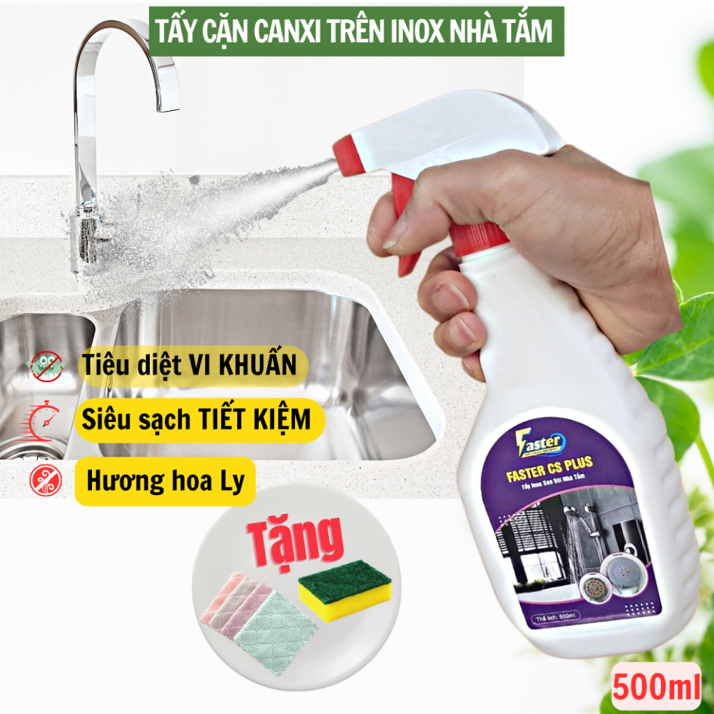 Chai xịt tẩy cặn canxi vòi nước Inox, vệ sinh chậu rửa inox FasterCSPlus 500ml hương hoa Ly