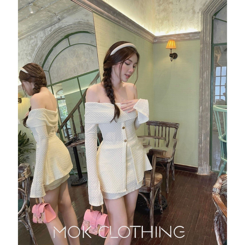 Set váy nữ áo trễ vai dài tay kiểu xẻ phối chân váy ngắn chữ A kiểu thun họa tiết co giãn phong cách sang chảnh đi chơi