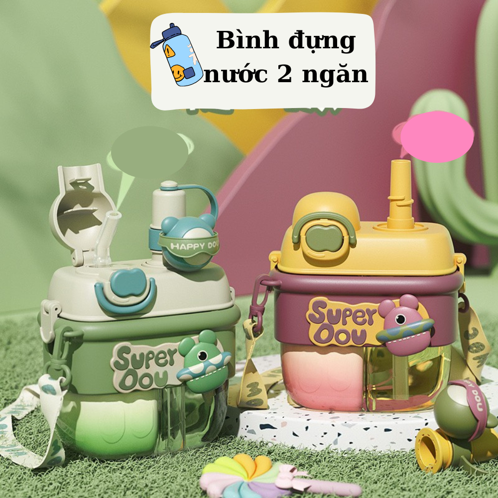 Bình đựng nước hai ngăn AC Decor 750ml cute, Bình đựng nước cho bé chia ngăn có quai đeo kèm ống hút và sticker 3D