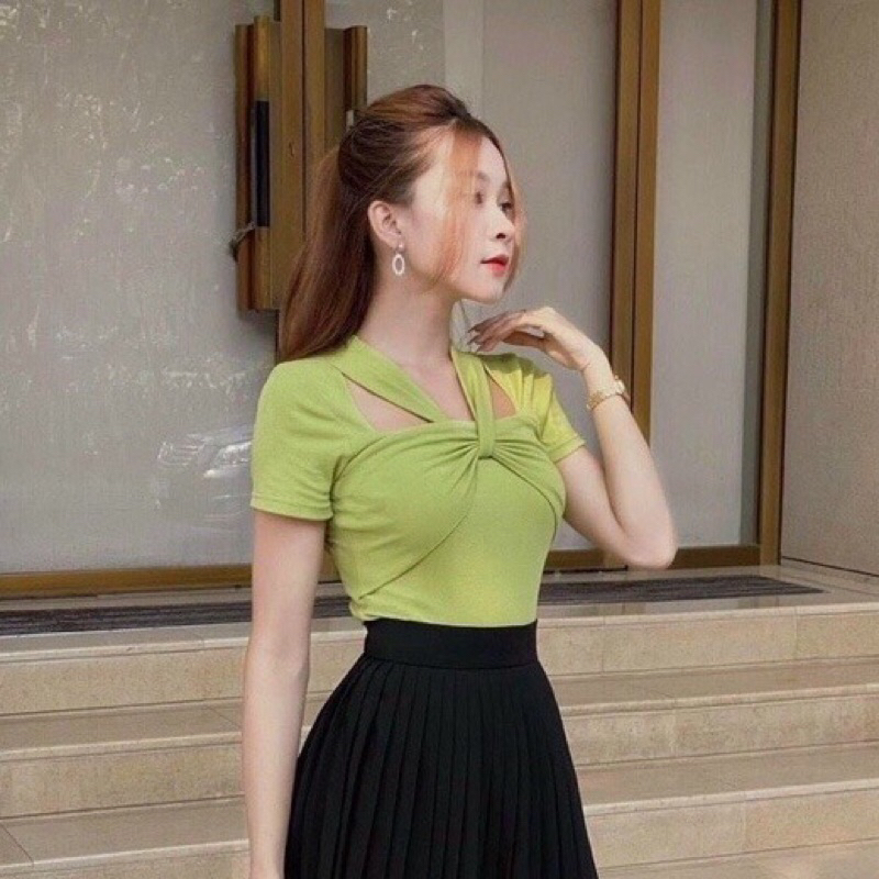 Áo nữ tay ngắn Chất Thun Gân Ôm dáng kiểu cổ Vuông phối dây yếm A97