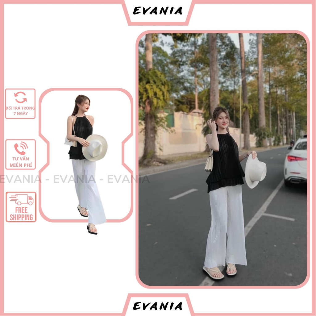 Set Áo Cổ Yếm Nữ EVANIA Set Áo Yếm Quần Ống Rộng Dập Ly Ba Màu Trắng, Đen, Hồng Chất Vải Tơ Lụa - Mã M430