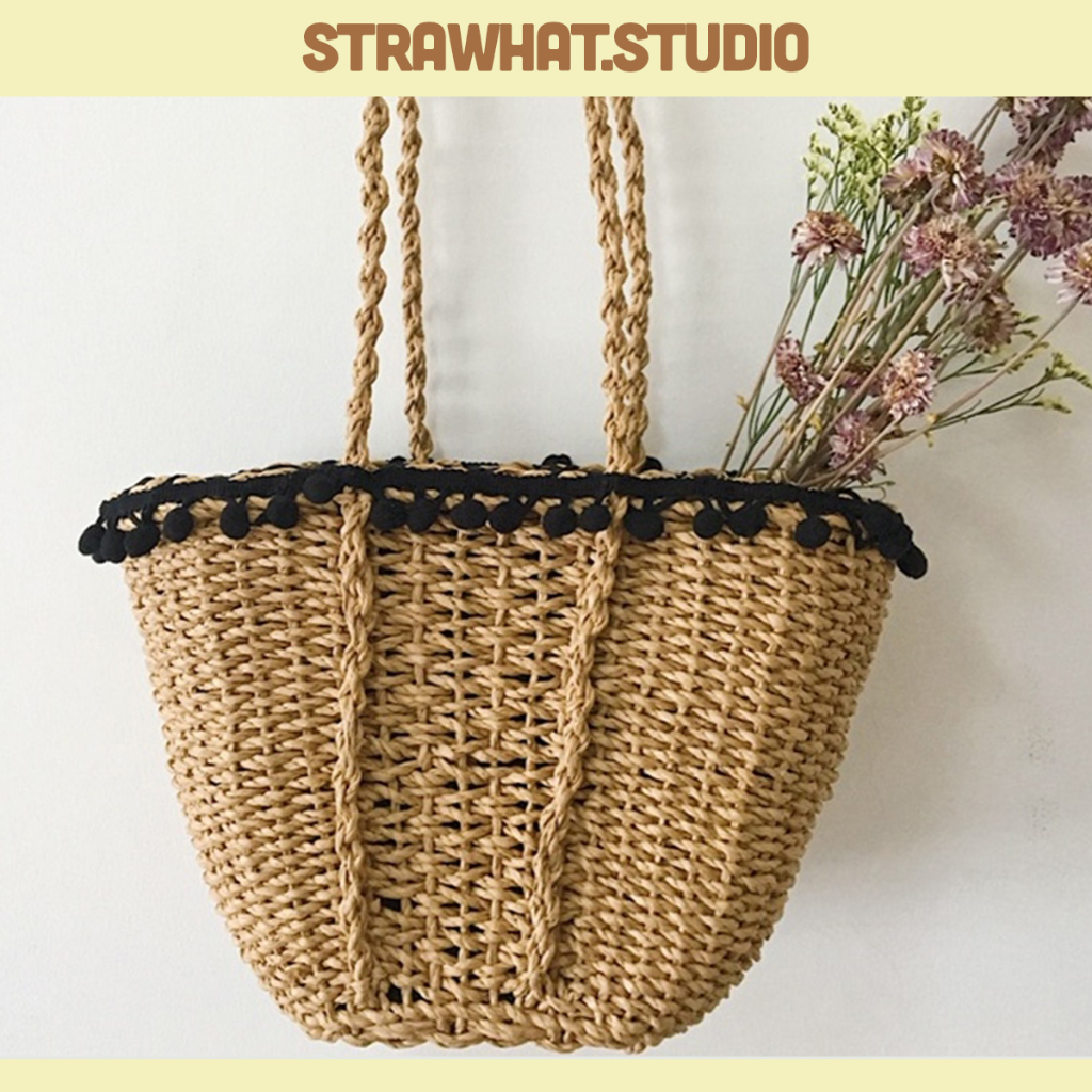 Giỏ xách bằng cói túi VINTAGE có viền bông bombom