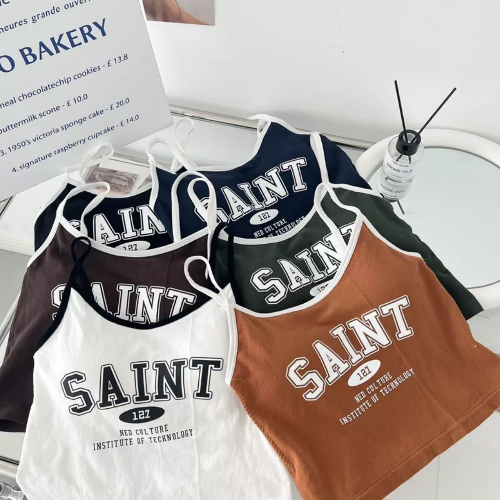 Áo Bra Cotton 2 Dây Dáng Lửng Phối Chữ SAINT Kèm Mút Đệm Ngực 127