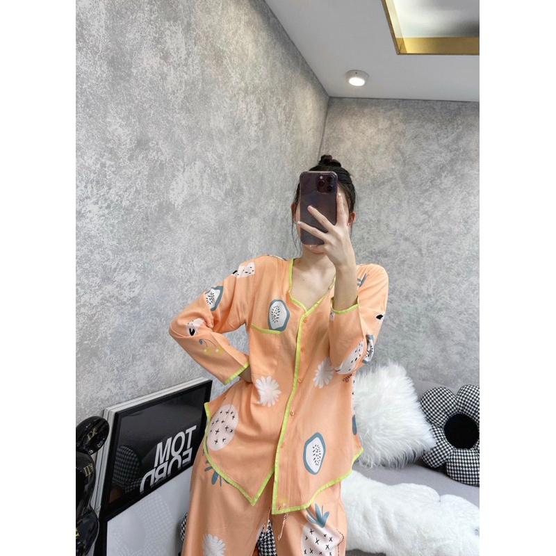 Bộ lanh mặc nhà, đồ bộ tole nữ quần dài tay dài viền cổ F21 VNXK