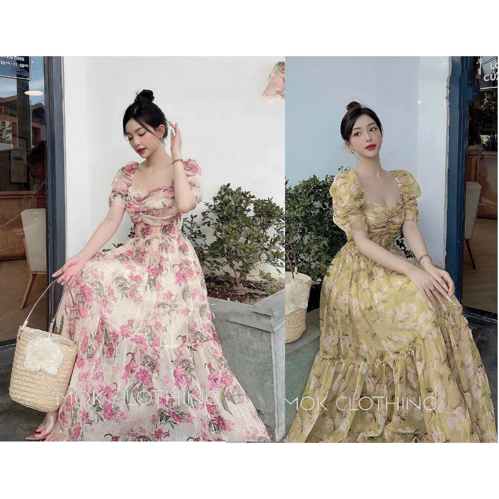 Đầm voan hoa nhí dáng dài, đầm maxi voan nhún ngực 2 màu, thiết kế tiểu thư sang chảnh - 5F Fashion
