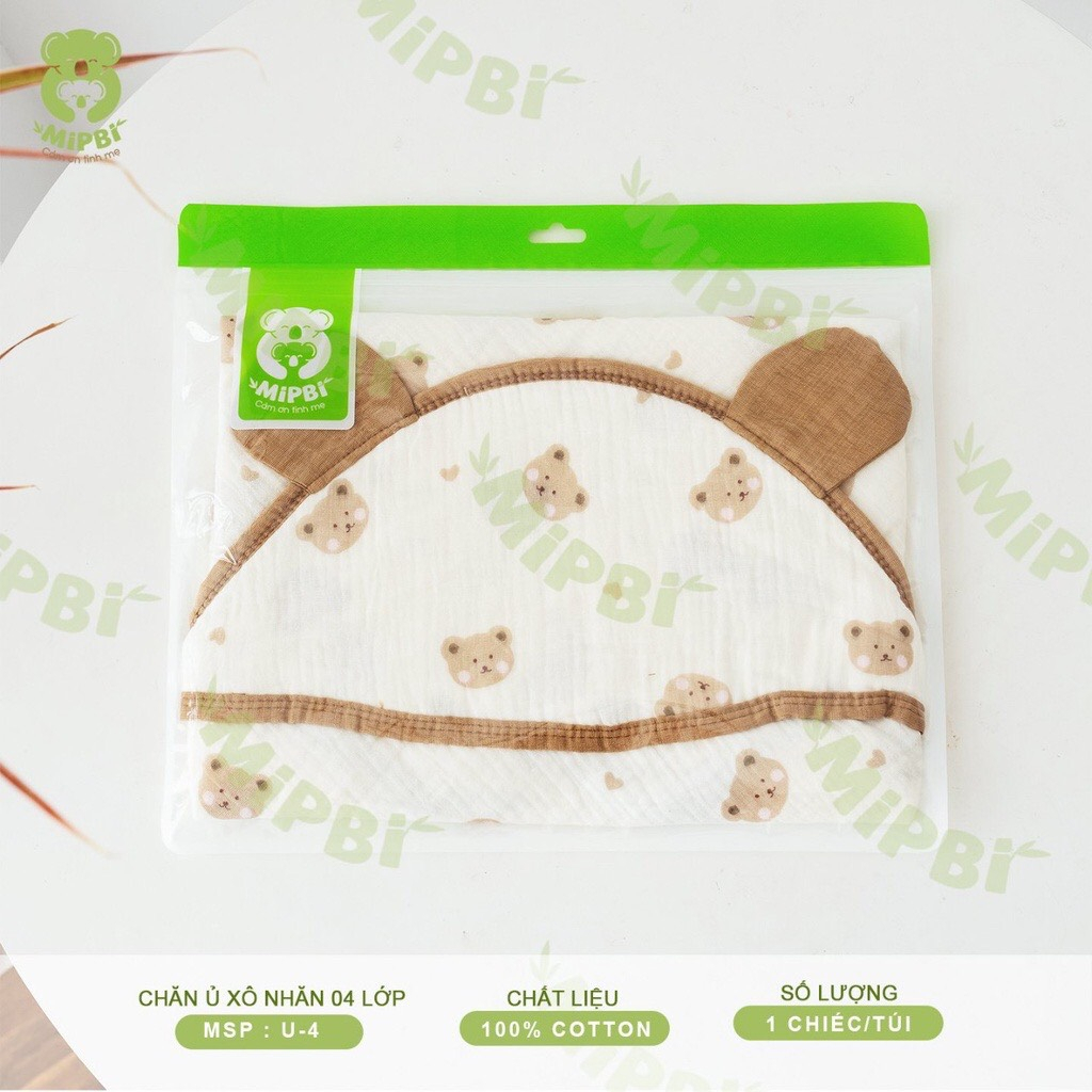 Loại 1 - Khăn Choàng Ủ Xô Muslin Mipbi 4 Lớp Có Mũ Siêu Thoáng Mát Cho Bé Sơ Sinh Hàng
