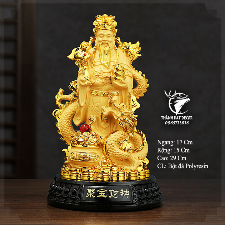 Tượng Ông Thần Tiền Cưỡi Rồng Cầm Vàng, Trượng Như Ý Bát Tụ Bảo, Quà Tặng Tân Gia Khai Trương May Mắn Tài Lộc