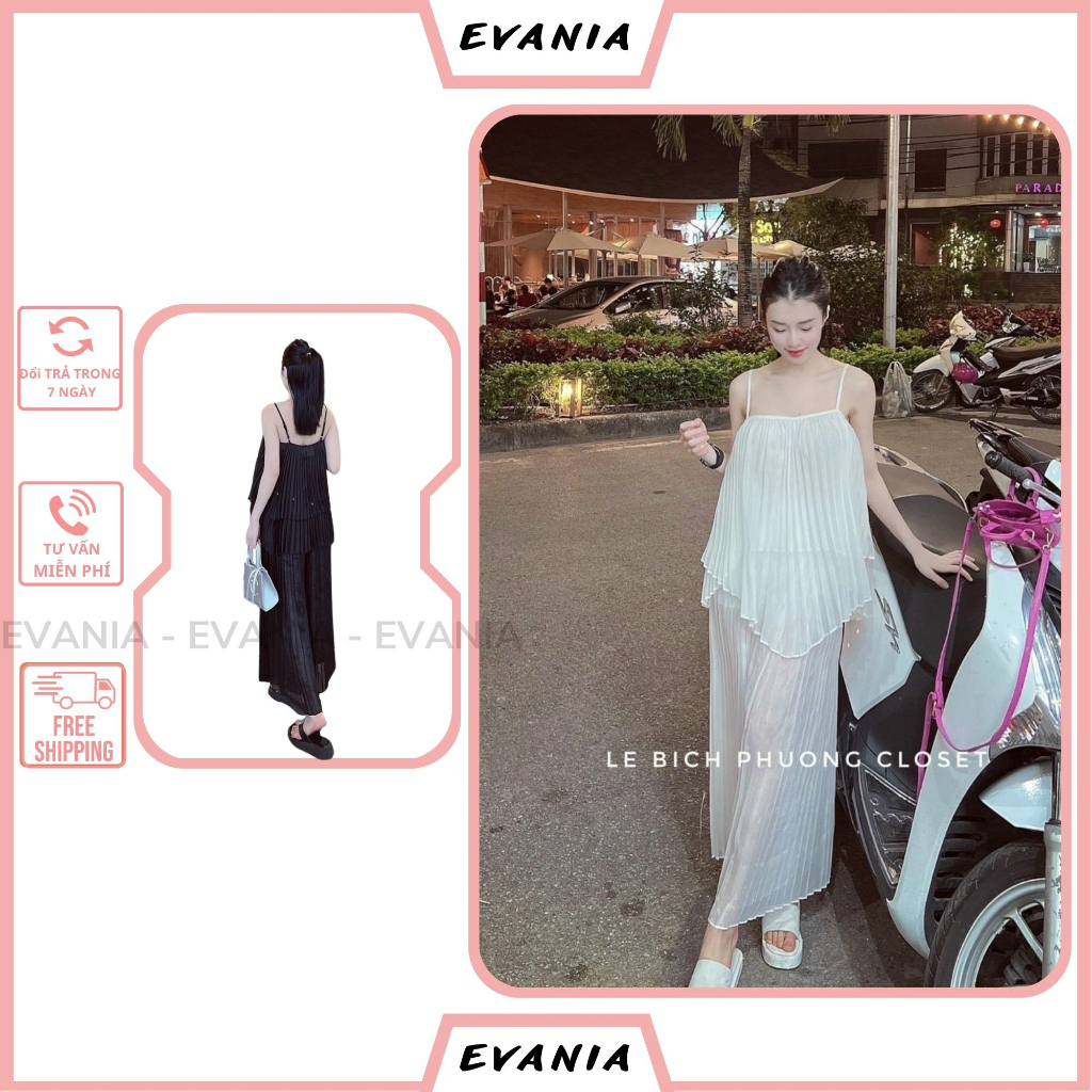 Set Áo 2 Dây Quần Ống Rộng EVANIA Áo Hai Dây Nữ Mix Quần Ống Suông Vải Tơ Lụa Dập Ly Màu Trắng, Kem, Đen-Mã H420
