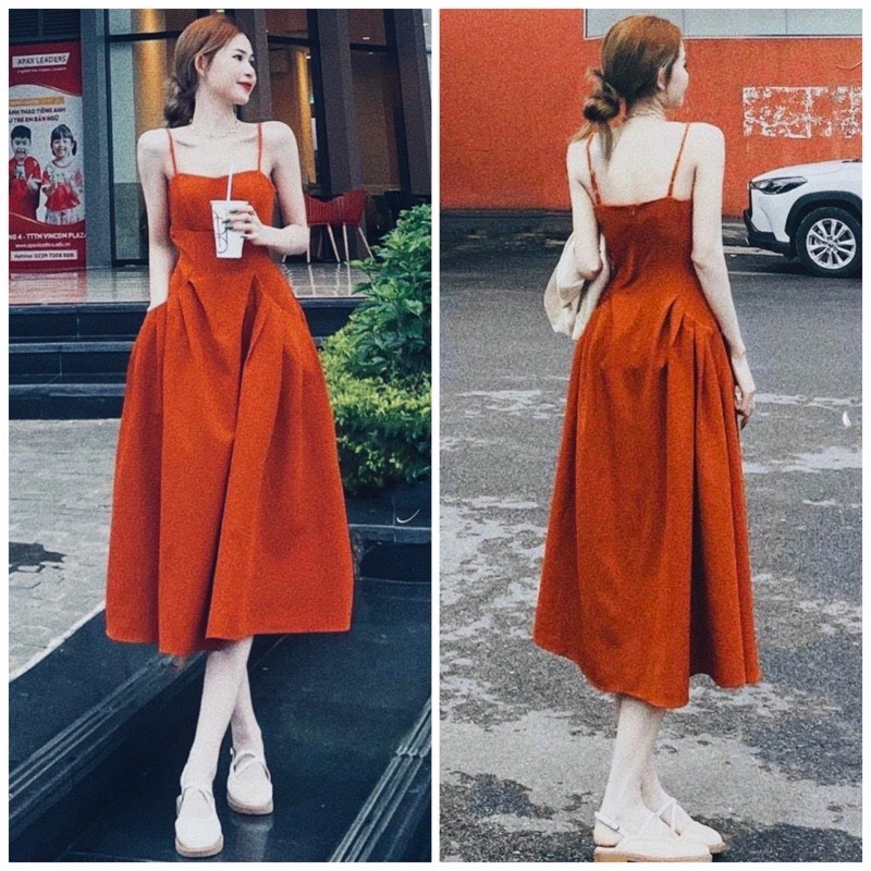 Đầm 2 dây dáng dài túi trước màu cam siêu xinh, Đầm maxi đi biển thiết kế hở lưng trẻ trung quyến rũ - 5F Fashion