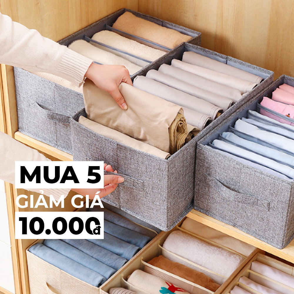 Hộp Vải Đựng Quần Áo, Khay Túi Vải Chia 9, 11 Ngăn Có Nắp Đựng Quần Jean Áo Sơ Mi Xếp Gọn Gàng BowiuHome