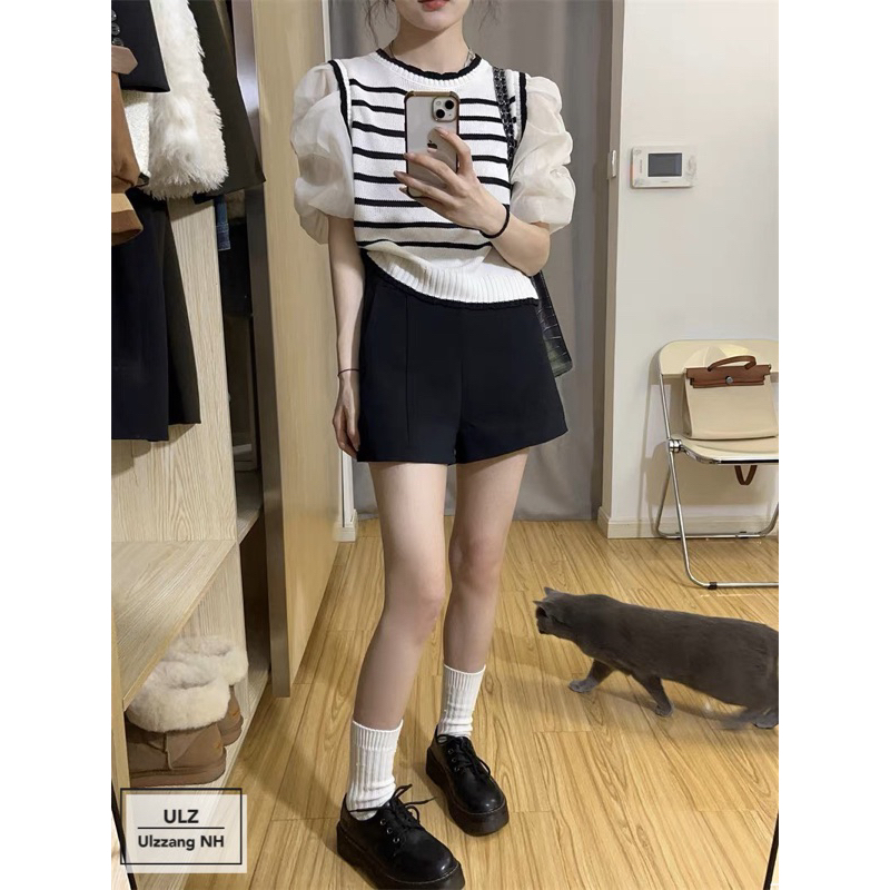 Áo len nữ cổ tròn kẻ phối tay bồng nhún siêu xinh, hàng hot kèm ảnh thật hàng - hàng có sẵn