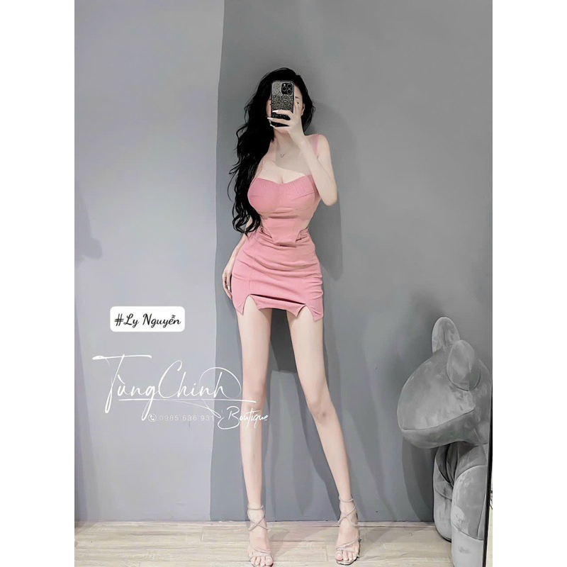 Set Áo Dây Cúp Mút Khuôn Ngực Vạt Nhọn Cùn + Váy Chữ A Xẻ 2 Bên Đùi Có Lót Quần