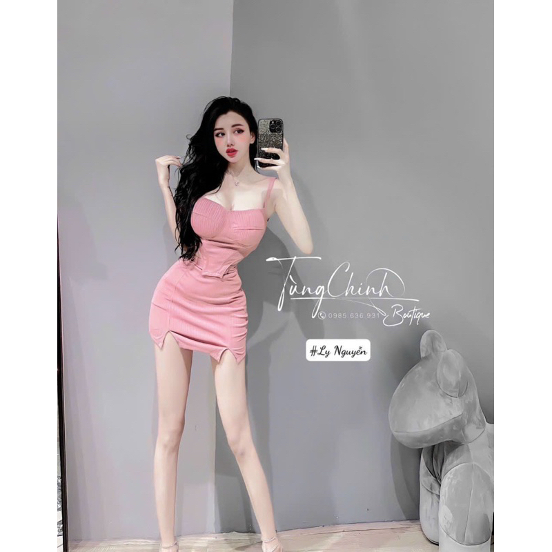 Set Áo Dây Cúp Mút Khuôn Ngực Vạt Nhọn Cùn + Váy Chữ A Xẻ 2 Bên Đùi Có Lót Quần
