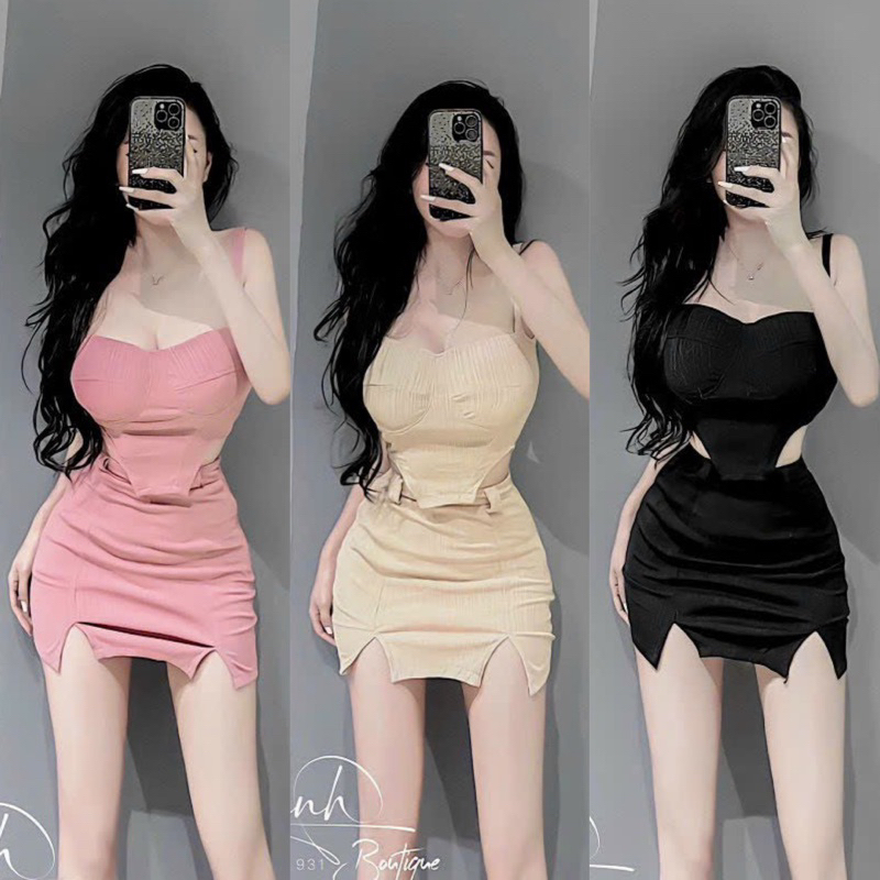 Set Áo Dây Cúp Mút Khuôn Ngực Vạt Nhọn Cùn + Váy Chữ A Xẻ 2 Bên Đùi Có Lót Quần
