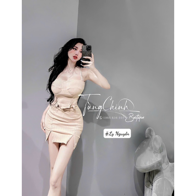 Set Áo Dây Cúp Mút Khuôn Ngực Vạt Nhọn Cùn + Váy Chữ A Xẻ 2 Bên Đùi Có Lót Quần