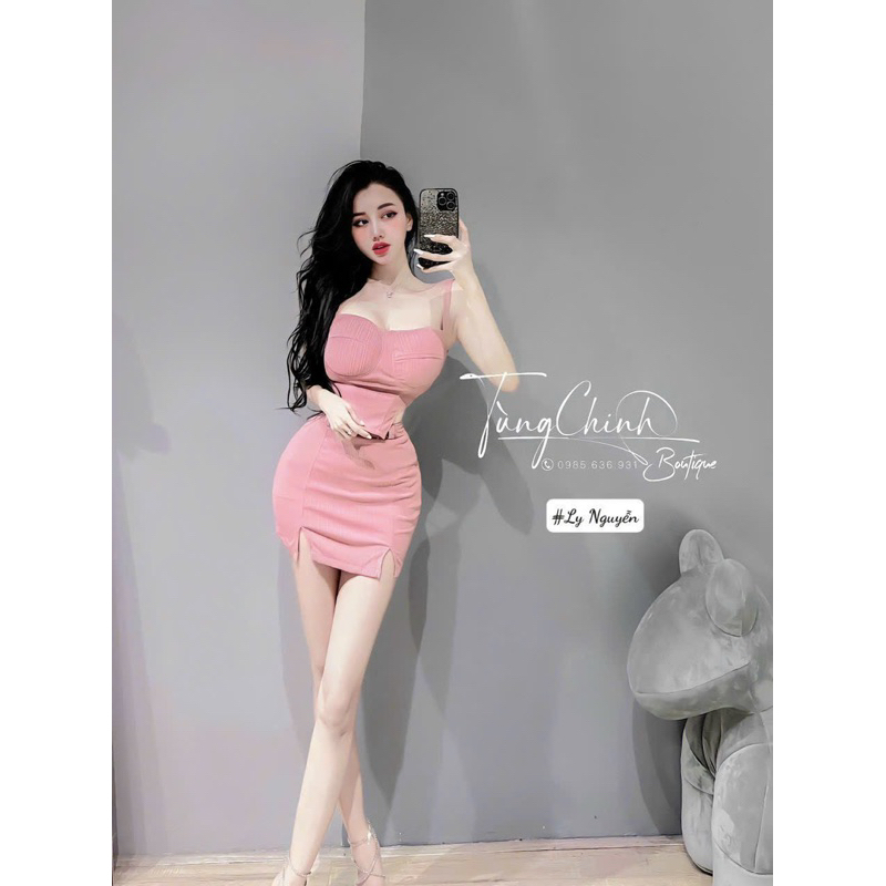 Set Áo Dây Cúp Mút Khuôn Ngực Vạt Nhọn Cùn + Váy Chữ A Xẻ 2 Bên Đùi Có Lót Quần