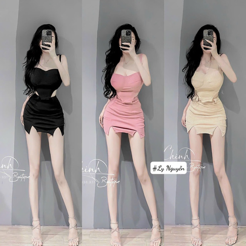 Set Áo Dây Cúp Mút Khuôn Ngực Vạt Nhọn Cùn + Váy Chữ A Xẻ 2 Bên Đùi Có Lót Quần