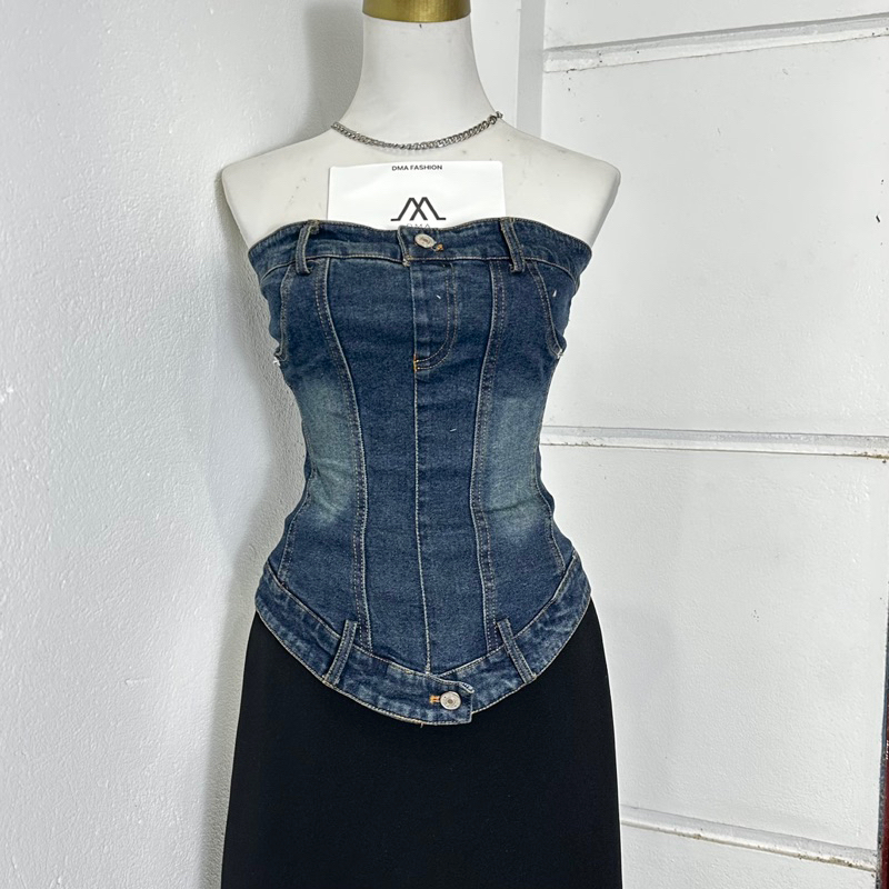 (A13) Áo tube ống jeans cúp ngực dáng dài vạt chéo bầu croptop y2k minimalist fashion