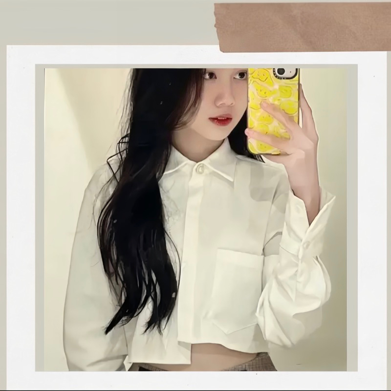 Áo sơ mi trắng croptop vạt lệch phối một cúc ngọc có cả bigsize