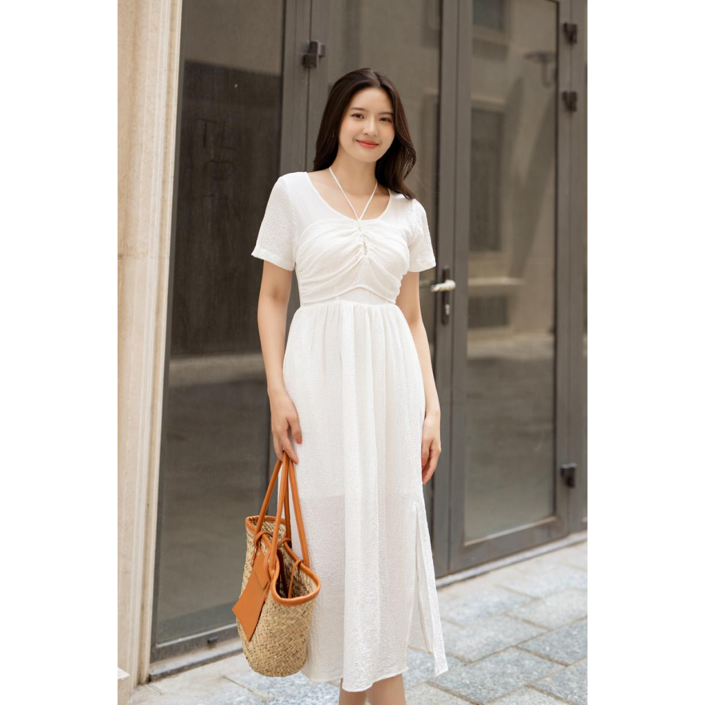 Đầm midi giả yếm thắt dây sau cổ tay ngắn thời trang GAGO màu trắng GG4343