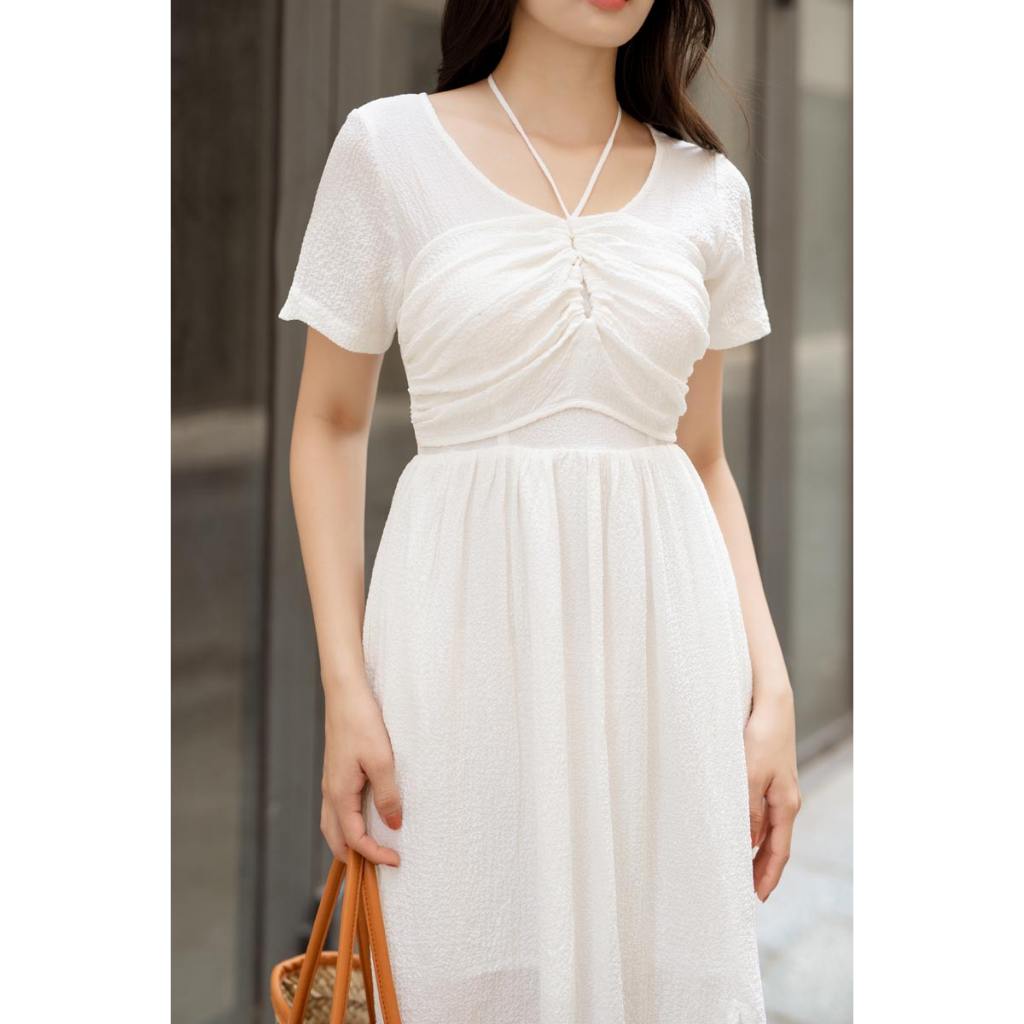 Đầm midi giả yếm thắt dây sau cổ tay ngắn thời trang GAGO màu trắng GG4343