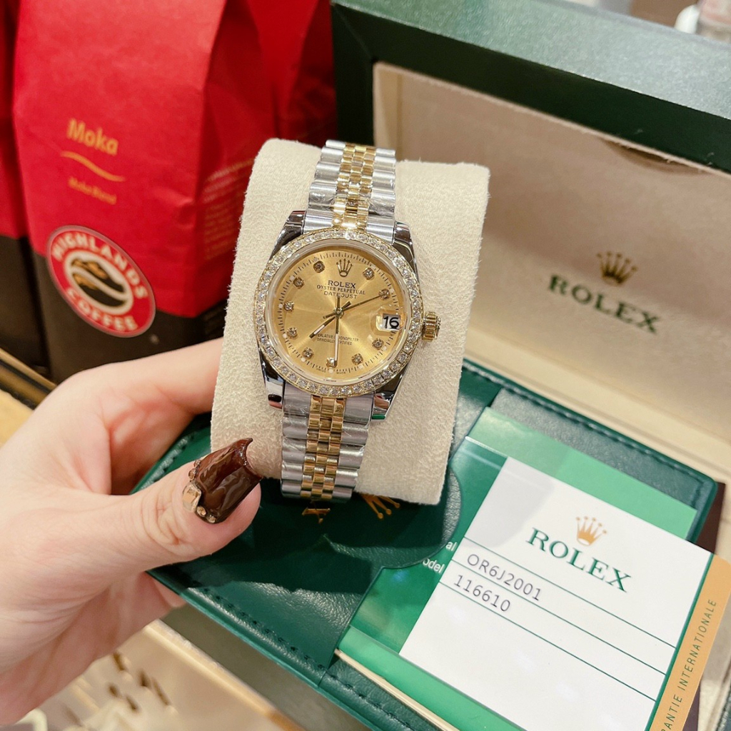 Đồng hồ đeo tay nữ, đồng hồ nữ Rolex dây thép, mặt tròn đính kim cương nhân tạo, kính Saphire, chống thấm nước